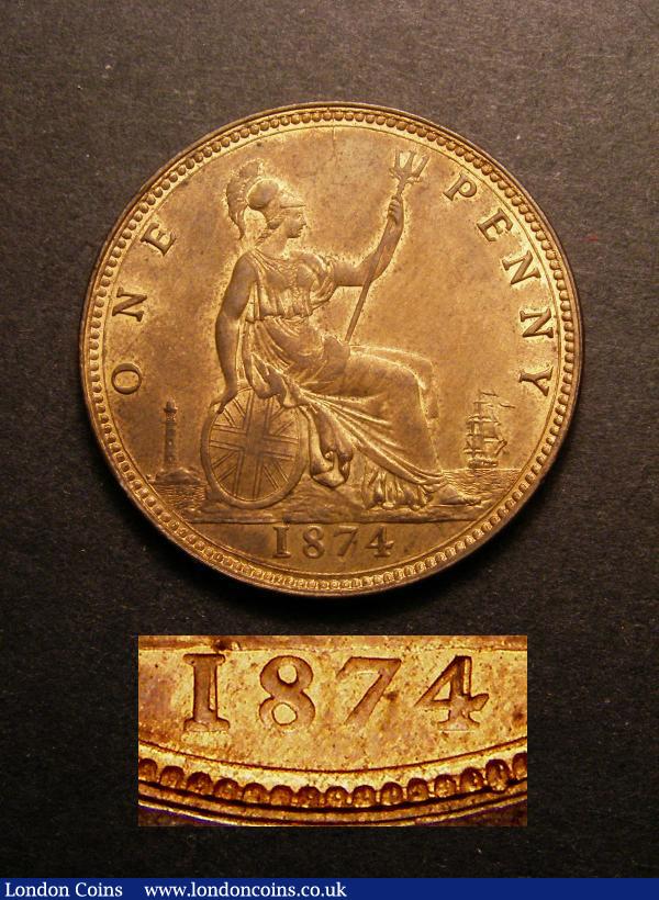 Penny 1874 Inverted smaller Arabic 1 over 1 in the date, as Freeman 72 dies 7+H and Gouby BP1874Kj but the date configuration similar to Gouby BP1874Nj (Heaton Mint) with 10 1/2 teeth date spacing and the backwards tilting 7. The 4 of the date is also double-struck. Overstrikings on the figure 1s in the date usually only found on the earlier issues of 1861, and then only on the last 1, clearly struck and a significant discovery previously unseen by us. CGS AU 75 : Certified Coins : Auction 136 : Lot 2612