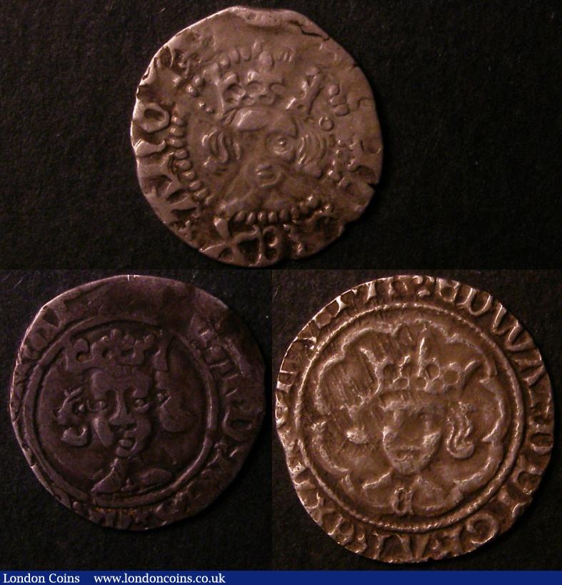 Hammered (3) Penny Richard II Type IIIa (Scallop after TAS) S.1695 York Mint GF and scarce, Penny Henry V Class C mullet and broken annulet by crown S.1778 London mint  NVF with some cross-ghosting, Halfgroat Edward IV 2nd Reign S.2108 Canterbury mint under Archbishop Bourchier, C on breast, no marks by bust, rose in centre of reverse GF or better with some toning. Scarce. : Hammered Coins : Auction 137 : Lot 1272