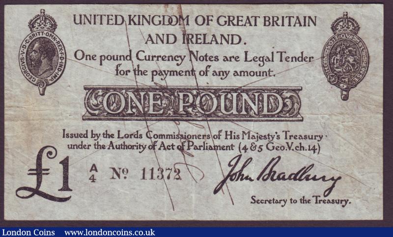 One pound Bradbury T11.1 contemporary forgery series A/4 11372, forgery written across front & back, gFine and scarce : English Banknotes : Auction 138 : Lot 117