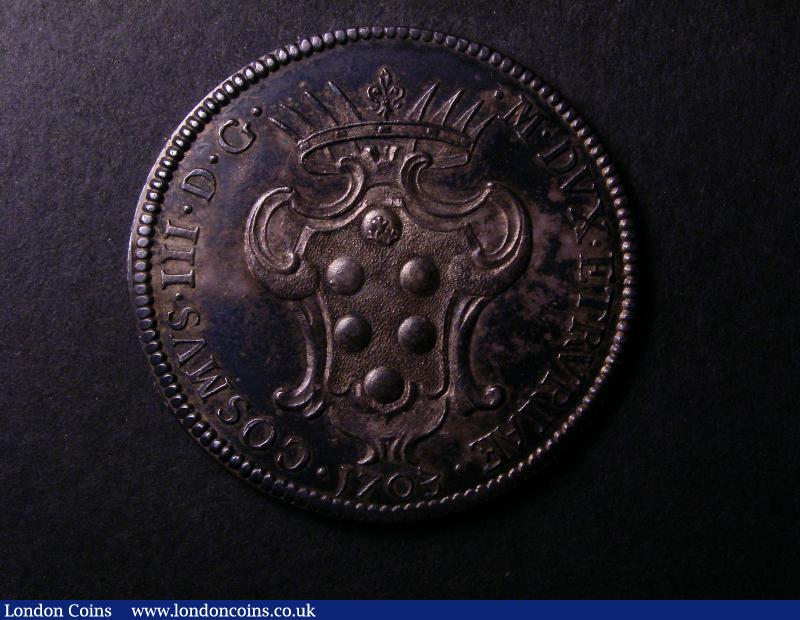 Italian States - Livorno Pezza Della Rosa 1703 KM15.3 Cosimo III Medici with crowned arms of Medici obverse, rosebush reverse, rich and even dark grey tone, Unc or near so, Dav #1499 scarce, and a rare opportunity to acquire a piece from this small and lesser known state : World Coins : Auction 138 : Lot 1246