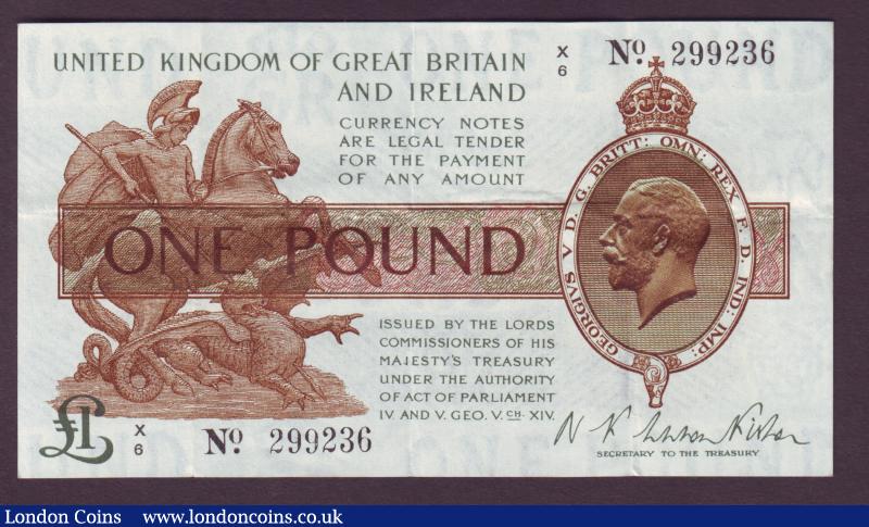 One pound Warren Fisher T24 issued 1919 last series X/6 299236, GVF to EF : English Banknotes : Auction 138 : Lot 130