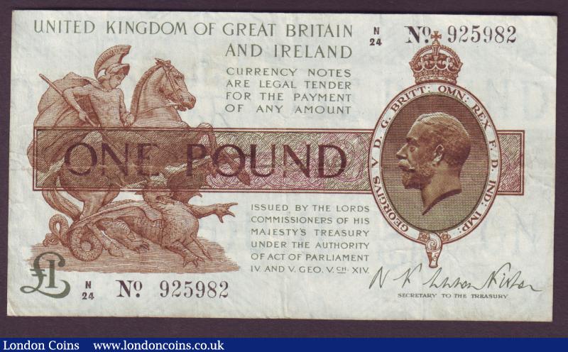 One pound Warren Fisher T24 issued 1919 series N/24 925982 gFine-VF : English Banknotes : Auction 138 : Lot 131