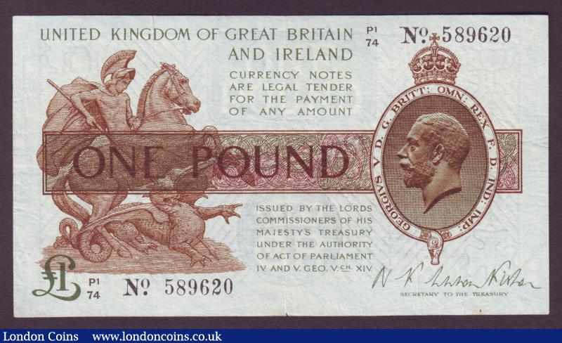 One pound Warren Fisher T31 issued 1923 series P1/74 589620 cleaned & pressed VF : English Banknotes : Auction 138 : Lot 147