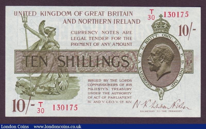 Ten shillings Warren Fisher T33 first series T/30 130175 issued 1927, Northern Ireland issue, pressed GVF-EF looks better : English Banknotes : Auction 138 : Lot 148