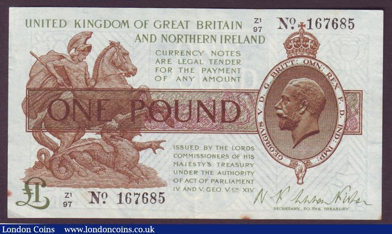 One pound Warren Fisher T34 issued 1927 last series control note Z1/97 167685 (this series traced to Z1/98), Northern Ireland issue, rust marks, EF : English Banknotes : Auction 138 : Lot 150