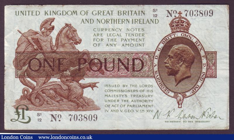 One pound Warren Fisher T35 issued 1927 first series S1/12 703809 (square dot), Northern Ireland issue, pinholes & edge nicks Fine to gFine : English Banknotes : Auction 138 : Lot 152