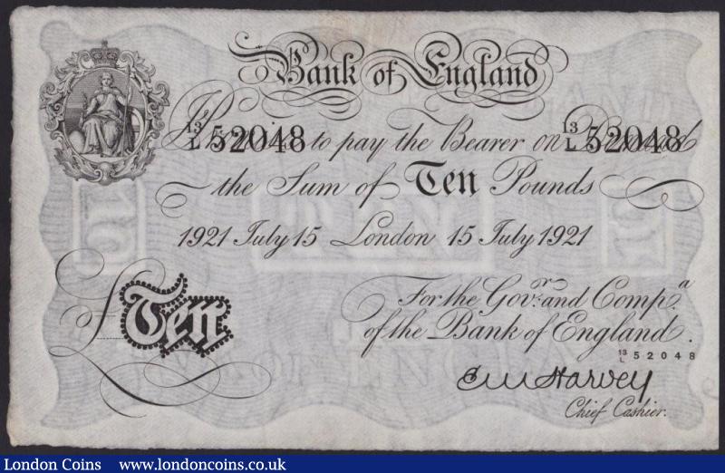 Ten pounds Harvey white B209b dated 15 July 1921 series 13/L 52048, a few marks, pressed VF : English Banknotes : Auction 138 : Lot 170