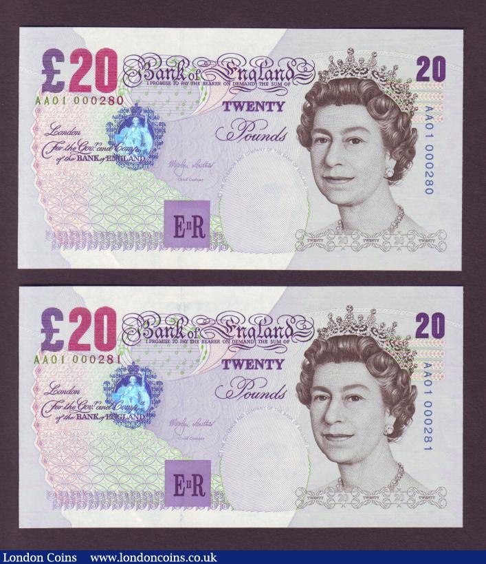 Twenty Pounds Lowther. B386. A pair consecutively numbered. AA01 000280 and AA01 000281. UNC. : English Banknotes : Auction 138 : Lot 321