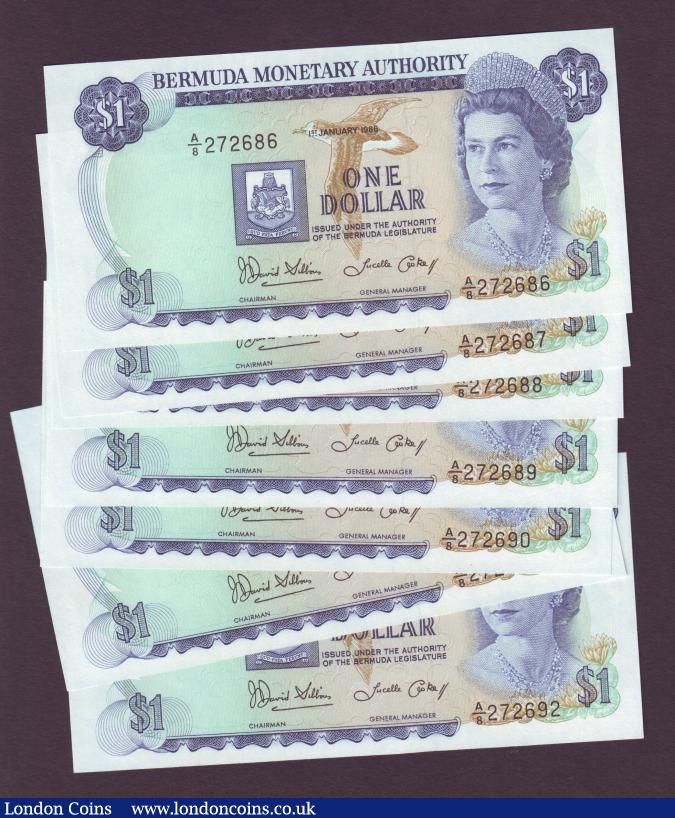 Bermuda $1 dated 1986 (7) a consecutively numbered run series A/8 272686 to A/8 272692, Pick28c UNC : World Banknotes : Auction 138 : Lot 382