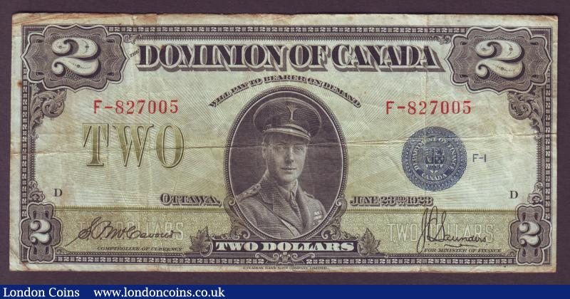 Canada Dominion of Canada $2 dated 1923, Edward Prince of Wales portrait, series F-827005, blue seal Group 1, signed McCavour & Saunders, Pick34c Fine : World Banknotes : Auction 138 : Lot 397
