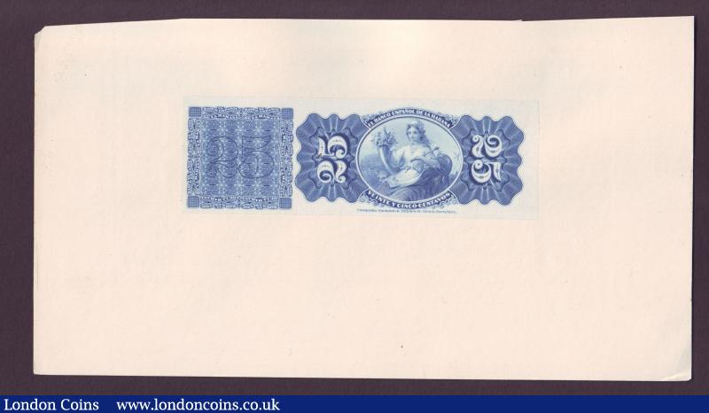 Cuba 25 centavos 1872 reverse proof in blue stuck on card with counterfoil at left, vignette of woman with cornucopia, Pick31s, slight wear to card otherwise UNC : World Banknotes : Auction 138 : Lot 414