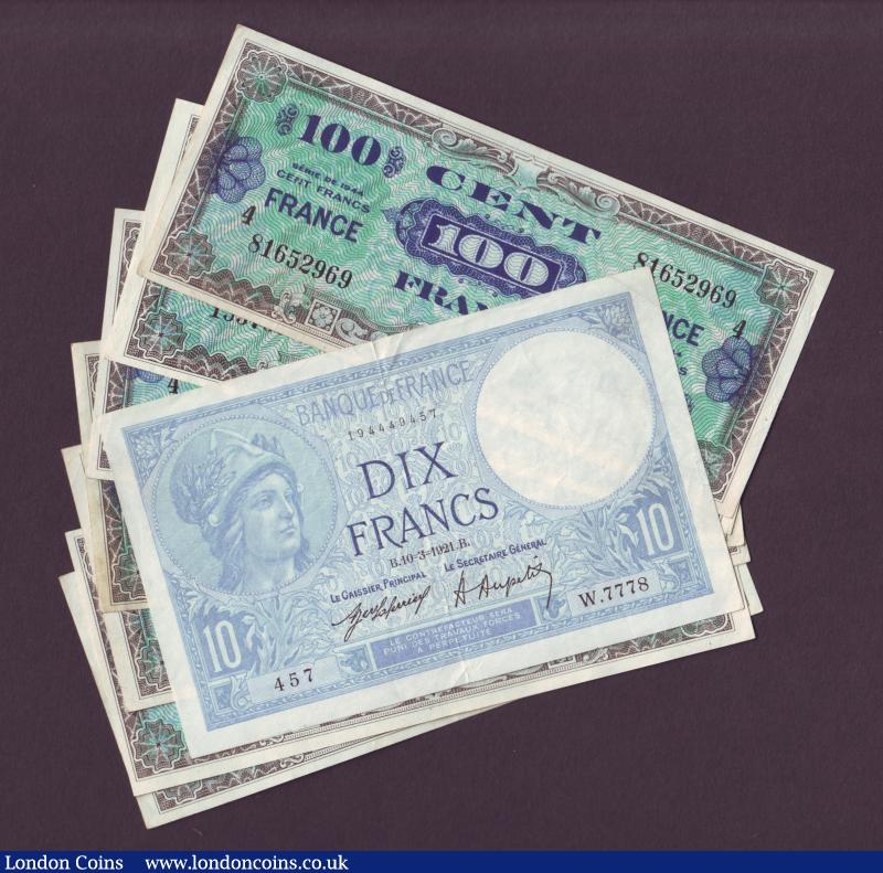 France (12) includes 20 francs 1916 and 1919 Pick74 Fine-gFine, 10 francs 1921 Pick73b VF, 100 francs 1923 Pick71c and 1928 Pick78b both gFine (most have pinholes) plus Allied Military 100 francs series 4 (7) these all GVF or better : World Banknotes : Auction 138 : Lot 437