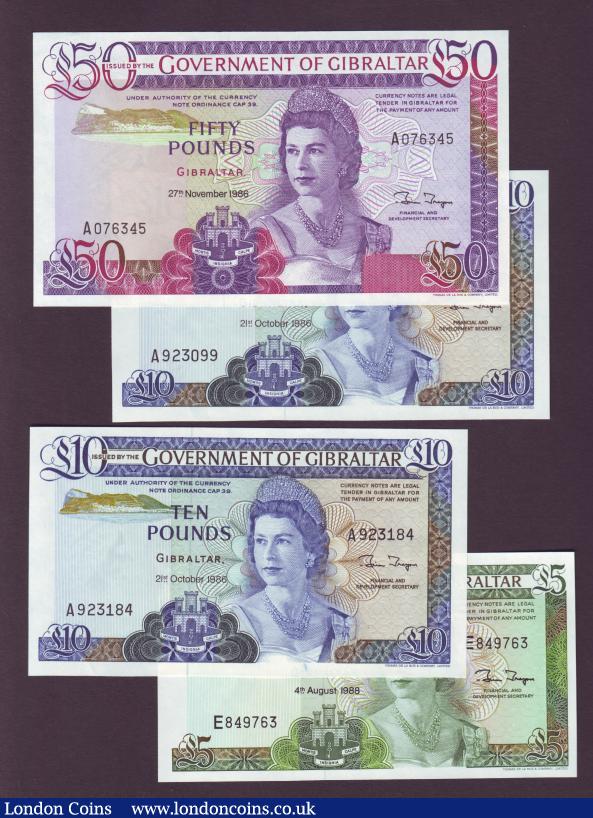 Gibraltar (4) £5 1988 Pick21b, £10 1986 (2) Pick22b and £50 1986 Pick24, about UNC to UNC : World Banknotes : Auction 138 : Lot 449