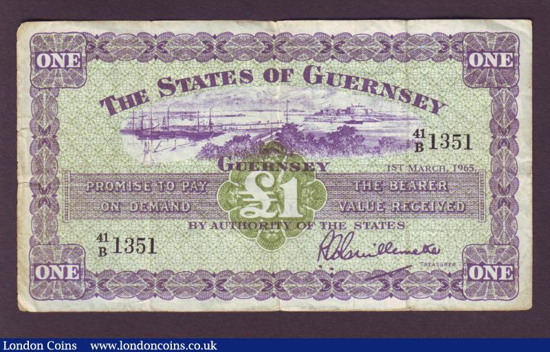 Guernsey £1 dated 1st March 1965 series 41/B 1351, Pick43b, some edge wear, Fine+ : World Banknotes : Auction 138 : Lot 452