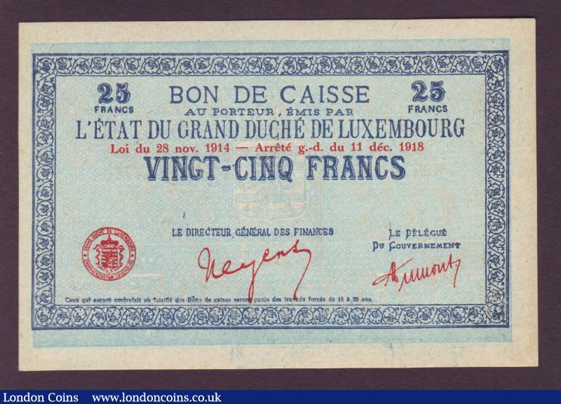 Luxembourg 25 francs L.1914-1918 (issued 1919) unfinished without a serial number on front, series B on reverse, Pick31a, UNC : World Banknotes : Auction 138 : Lot 497