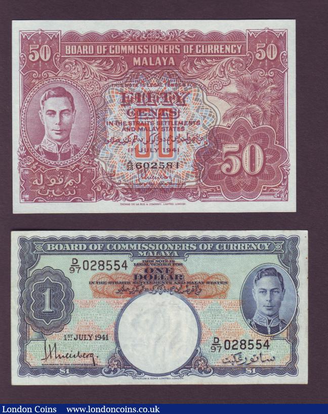 Malaya (2) both dated 1941 with KGVI portrait, 50 cents series A/28 Pick10b UNC & $1 series D/97 Pick11 foxing spots GVF : World Banknotes : Auction 138 : Lot 498