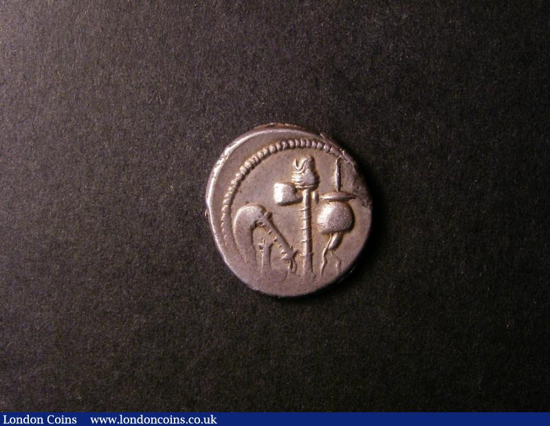 London Coins : A138 : Lot 1595 : Roman Denarius Caesar 49-48BC S.456 RSC 49 Obverse elephant right trampling on serpent, Reverse ...