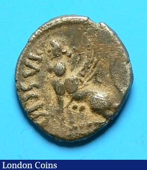 Ar unit. Trinovantes & Catuvellauni. Cunobelin. C,10-43 AD. Obv; Winged bust right. Rev; Sphinx seated left. Van Arsdell 2057-1. Good detail with earthy deposits. 1.29g. 12mm. VF : Ancient Coins : Auction 138 : Lot 1611