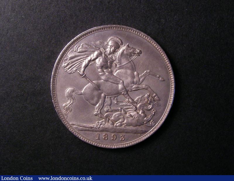 London Coins : A138 : Lot 1947 : Crown 1893 LVII ESC 305 Davies 502 dies 1A single line beneath streamer, this die pairing unreco...