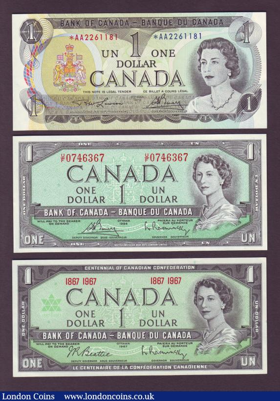 Canada (5) a consecutive pair of $1 dated 1935 KGVI portrait Pick58e in PMG folders graded gem Unc 65 plus 3 later QE2 $1 including 1973 star replacement series AA in GEF, others in UNC : World Banknotes : Auction 138 : Lot 396