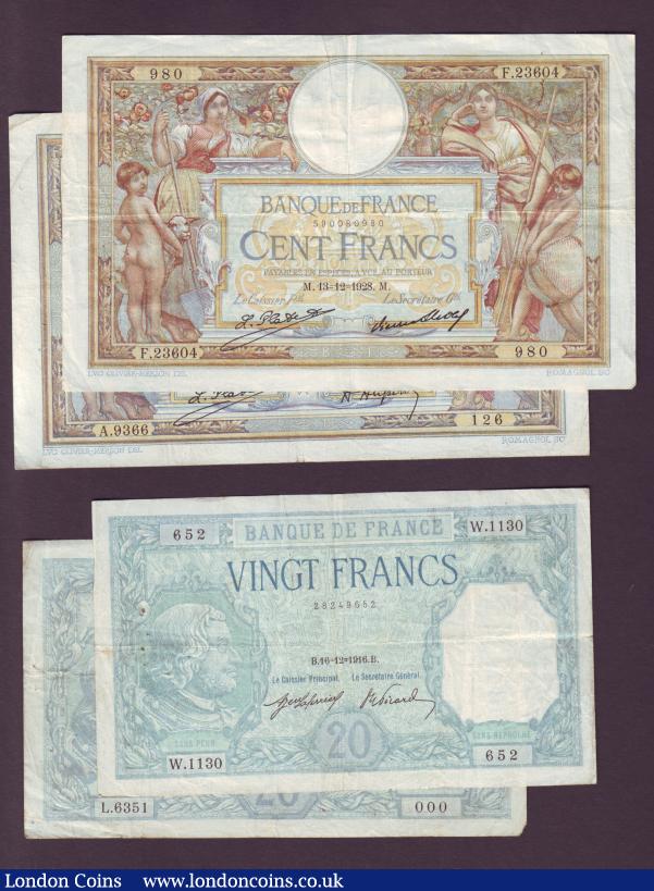 France (12) includes 20 francs 1916 and 1919 Pick74 Fine-gFine, 10 francs 1921 Pick73b VF, 100 francs 1923 Pick71c and 1928 Pick78b both gFine (most have pinholes) plus Allied Military 100 francs series 4 (7) these all GVF or better : World Banknotes : Auction 138 : Lot 437
