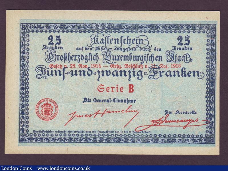 Luxembourg 25 francs L.1914-1918 (issued 1919) unfinished without a serial number on front, series B on reverse, Pick31a, UNC : World Banknotes : Auction 138 : Lot 497
