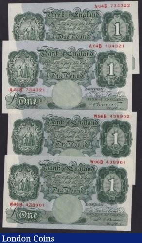One pound Peppiatt B260 (2) issued 1948 a consecutive pair series A64B and 1950 issue Beale £1 B268 (2) a consecutive pair series W96B, all GEF to about UNC : English Banknotes : Auction 139 : Lot 192