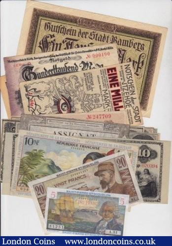 World group (15) USA broken banks, USA baby bond, St Pierre & Miquelon, high value German notgeld, French assignat & Peru unissued Banco de Tacna 10 soles : World Banknotes : Auction 139 : Lot 469