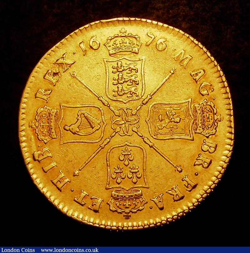 London Coins : A139 : Lot 1757 : Five Guineas 1676 VICESIMO OCTAVO S.3328A VF or near so and pleasing, a strong portrait with muc...