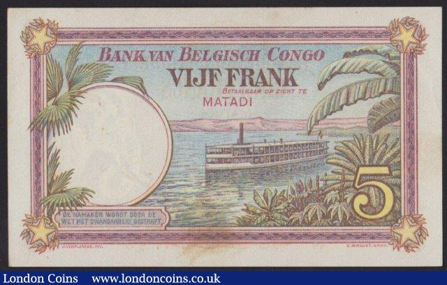 London Coins : A139 : Lot 274 : Belgian Congo 5 francs dated 26-12-24, Matadi branch, series C236319, Pick8c, light ...
