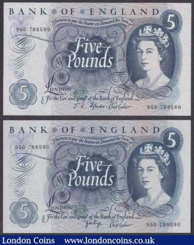 Five pounds Fforde and £5 Page B314p, sequence pair, consecutive overlapping serial numbers 95D 788589 & 95D 788590 respectively, both UNC and a scarce pairing of 2 different signatures : English Banknotes : Auction 140 : Lot 260