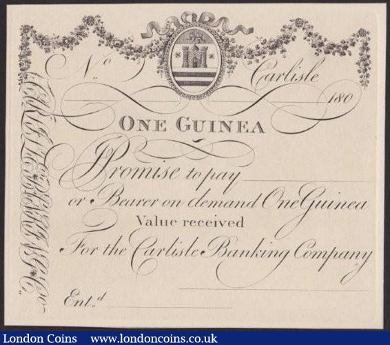 Carlisle Banking Company 1 guinea proof printed on card dated 180x, Thomas Berwick engraving, (Outing 434 for type), UNC : English Banknotes : Auction 140 : Lot 374