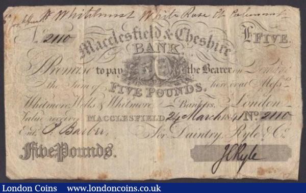 Macclesfield & Cheshire Bank £5 dated 1841 series No.2110 for Daintry, Ryle & Co., (Outing 1319b) multiple dividend stamps on reverse, about Fine : English Banknotes : Auction 140 : Lot 386