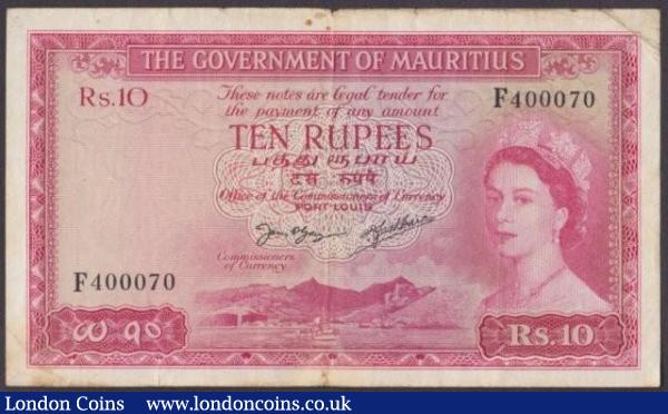 Mauritius 10 rupees issued 1954, QE2 portrait at right, series F400070, Pick28, edge nicks and small stains, good Fine : World Banknotes : Auction 140 : Lot 609