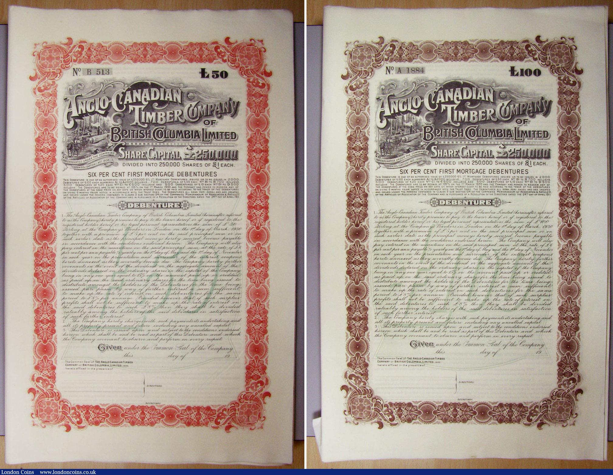 London Coins : A140 : Lot 1 : Canada, Anglo-Canadian Timber Co. of British Columbia Ltd. mortgage debentures, 4 x £1...
