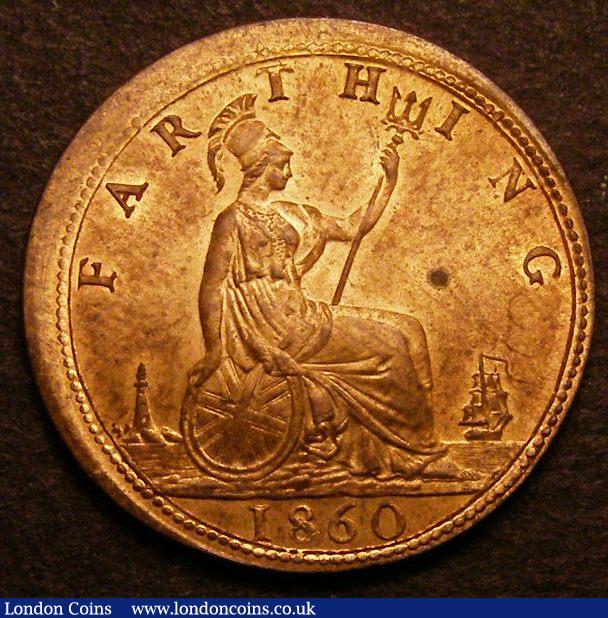 London Coins : A140 : Lot 1274 : Mint Error Mis-Strike Farthing 1860 Beaded Border struck off-centre with around 1mm blank flan, ...