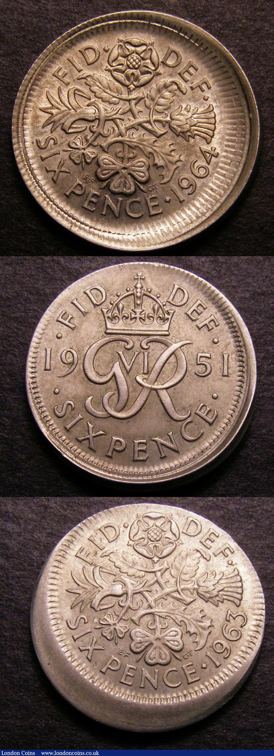 London Coins : A140 : Lot 1284 : Mint Error Mis-Strike Sixpences (3) 1951, 1963, 1964 all struck off-centre and with raised l...