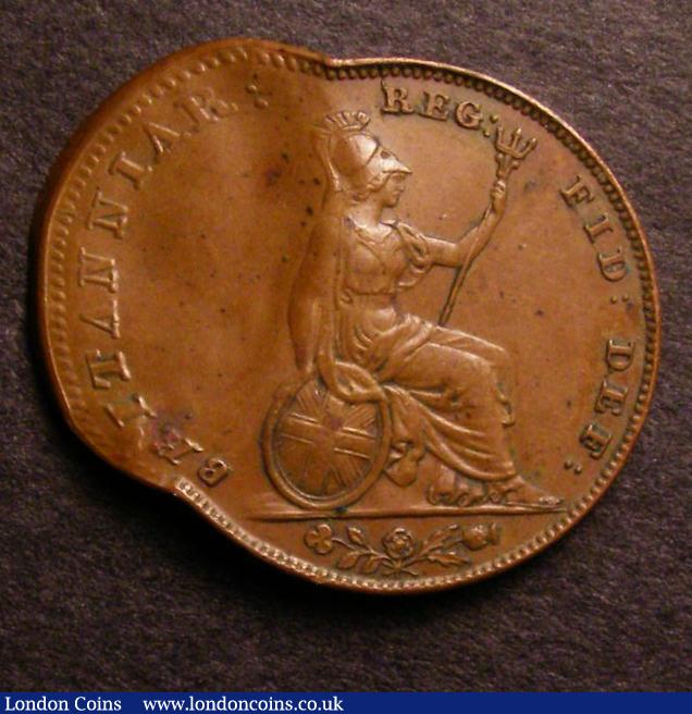 London Coins : A140 : Lot 1295 : Miont Error Farthing 1847 a spectacular double striking on a misshapen flan with almost a half of an...