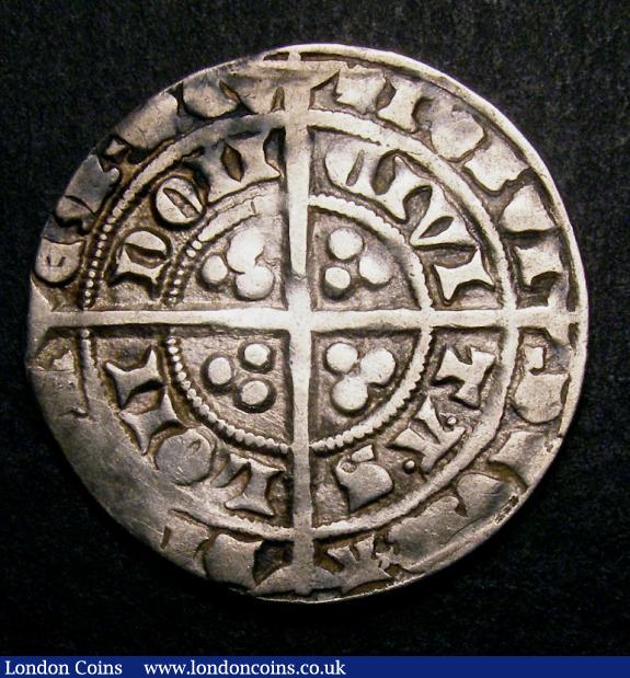 Groat Edward III Pre-treaty Series G(g), with saltire on neck, open E (obv), pellets in T-A-S, closed E (rev) (Doubleday: - , Lawrence G(g) var, N.1199 var, S.1570) NVF with some score marks to the bust. Rare, an unlisted variety. Lawrence's Class G(g) obverses with saltire on breast are only listed as having a closed E punch whereas this coin displays the open E of class G(h) : Hammered Coins : Auction 140 : Lot 1357