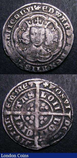 Hammered (2) Groat Edward III Pre-treaty Series E (Doubleday 434, N.1163, S.1567) GF on a round flan, the bust weak. Groat Edward III Pre-treaty Series G, with annulet in tressure under king's left shoulder, annulet in one qtr of rev. and pellets in T-A-S (Doubleday 502 var, Lawrence G(d)/G(e) or (f), N.1196/1197-8 var, S.1570) GF, with a weak bust, some light toning, rare and an unusual error. It would appear that this coin was supposed to have an annulet under the bust but instead it has been placed in the previous tressure. : Hammered Coins : Auction 140 : Lot 1404