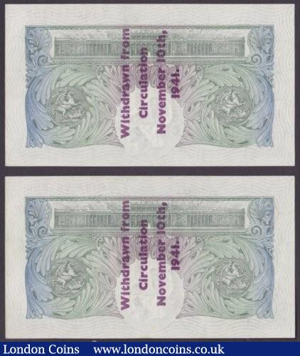 London Coins : A140 : Lot 157 : One pound Peppiatt B239C Guernsey overprint consecutive pair series E15A 781699 & E15A 781700...
