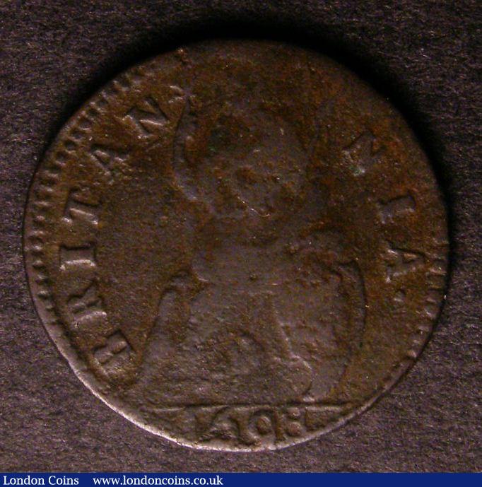 London Coins : A140 : Lot 1782 : Farthing 1698 date in Exergue with B over G in BRITANNIA Peck 664 VG with pitted surfaces but the va...