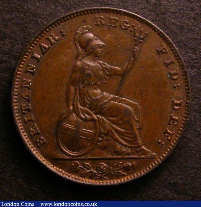 London Coins : A140 : Lot 1807 : Farthing 1845 Large Date EF with traces of lustre and a couple of small spots, unlisted by Peck ...