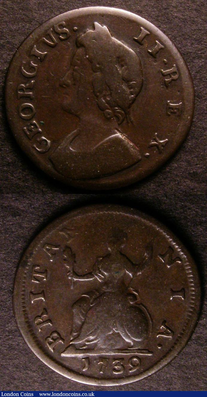 London Coins : A140 : Lot 1819 : Farthings (2) 1739 the first with the olive branch pointing to the base of the first N in BRITANNIA ...