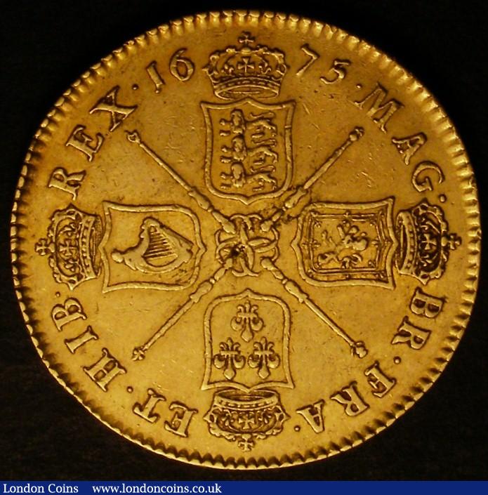 London Coins : A140 : Lot 1826 : Five Guineas 1675 S.3328A VF and evenly struck with a couple of small flan flaws, a pleasing example...