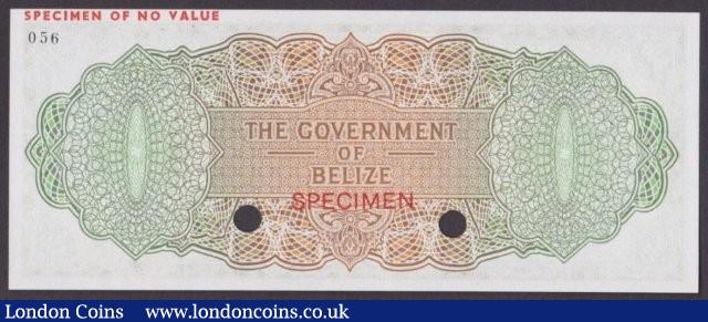 London Coins : A140 : Lot 411 : Belize $10 issued 1974-76, QE2 at right, printers colour trial in green & orange No.056, SPECIME...