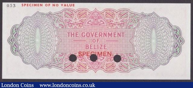 London Coins : A140 : Lot 413 : Belize $5 issued 1974-76, QE2 at right, printers colour trial in red No.053, SPECIMEN ovpt. & 3 ...