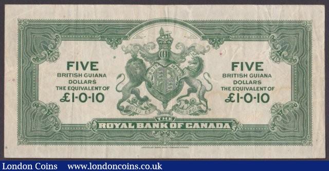 London Coins : A140 : Lot 420 : British Guiana $5 dated 2nd January 1920 series No.287924, The Royal Bank of Canada, Pic...