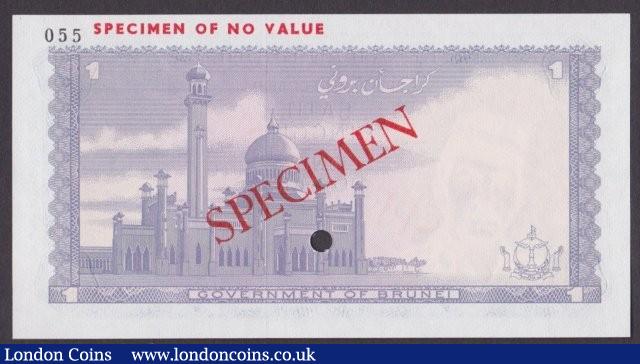 London Coins : A140 : Lot 422 : Brunei 1 ringgit issued 1972, Specimen No.055, SPECIMEN ovpt. & one punch-hole, Pick...