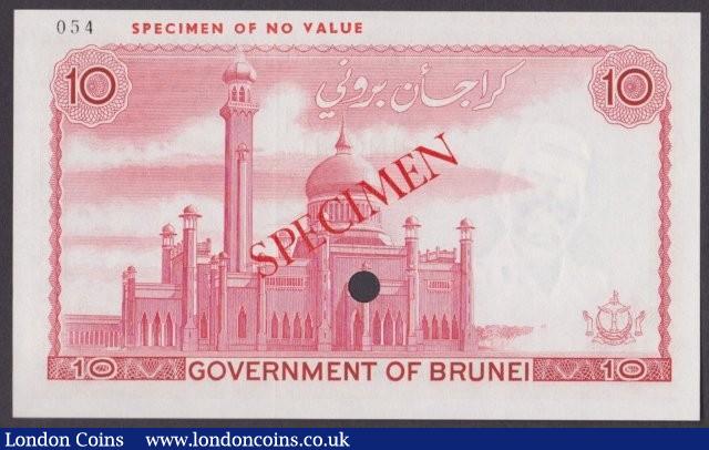 London Coins : A140 : Lot 424 : Brunei 10 ringgit issued 1976, Specimen No.054, SPECIMEN ovpt. & one punch-hole, Pic...